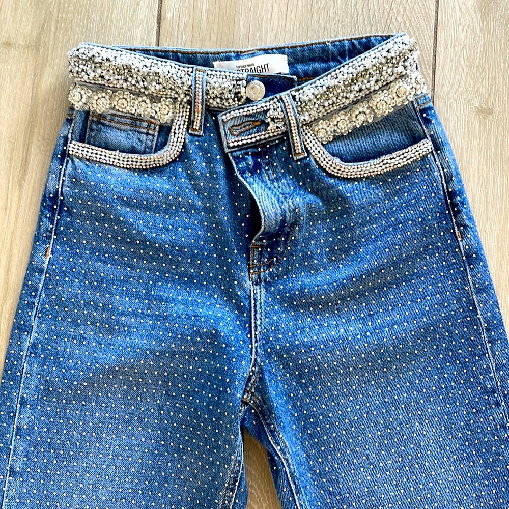 Top shop pearl/ bead embroidered jeans